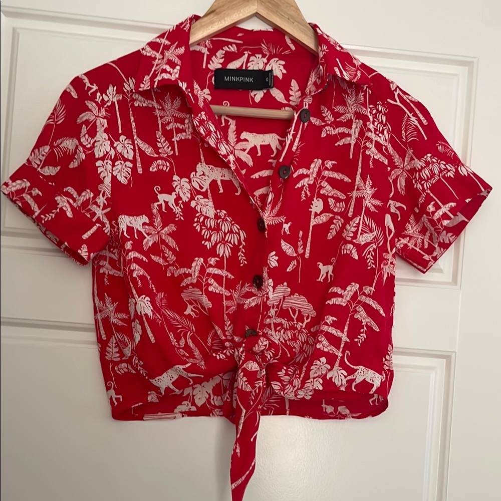 Red and White Button-Up Shirt with Animal Print